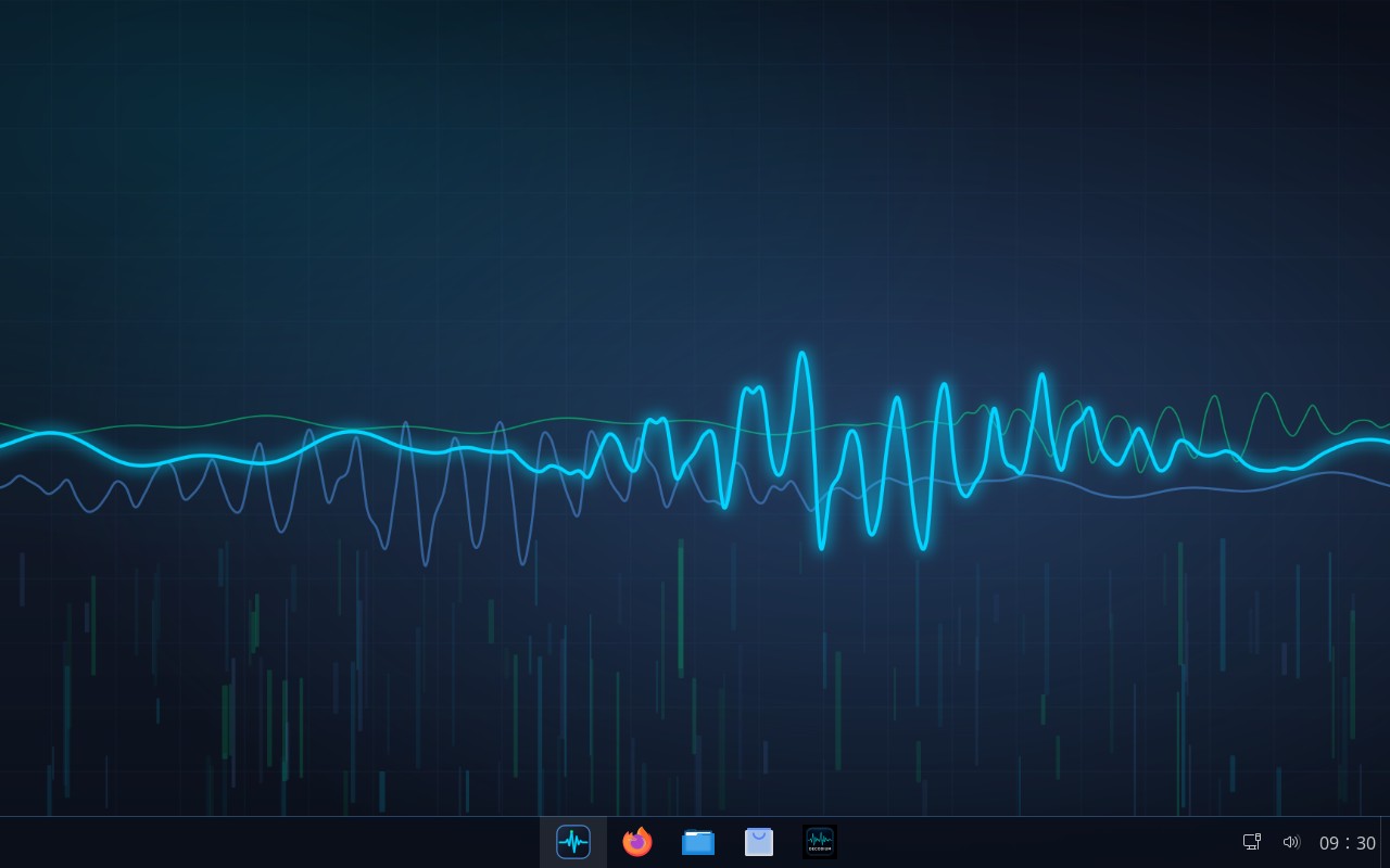 DecodiumOS live desktop with the Ocean Blue theme and the taskbar: Start, Firefox, Files, Mail, Decodium
