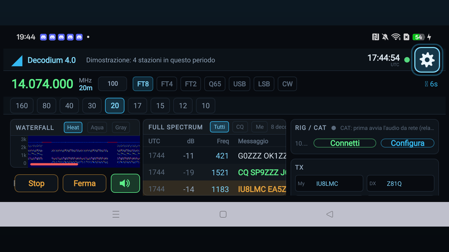 Decodium Mobile — landscape view with waterfall and spectrum