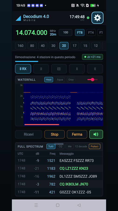 Decodium Mobile — reception with live waterfall and FT8 decodes